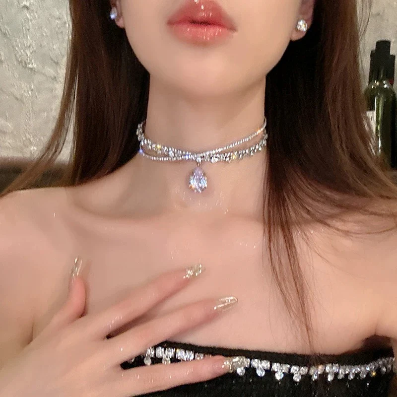 choker exaggerated flash diamond choker women's necklace high-end design niche clavicle chain necklace dinner party accessories - EHAORUI