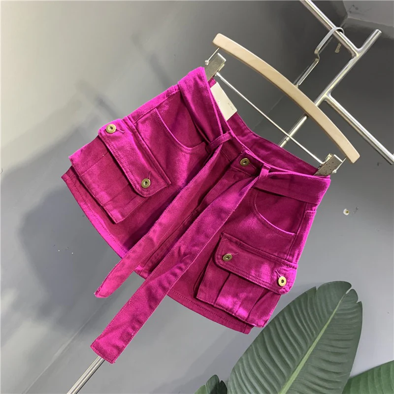 Internet celebrity trend fashion street dragon fruit color denim skirt 22 autumn personality three-dimensional pocket tooling skirt bag hip skirt - EHAORUI