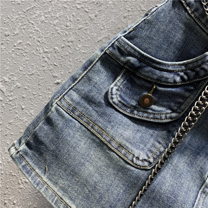 Tide brand 2023 spring new retro nostalgic blue denim bag hip skirt sexy high waist elastic a-line skirt - EHAORUI