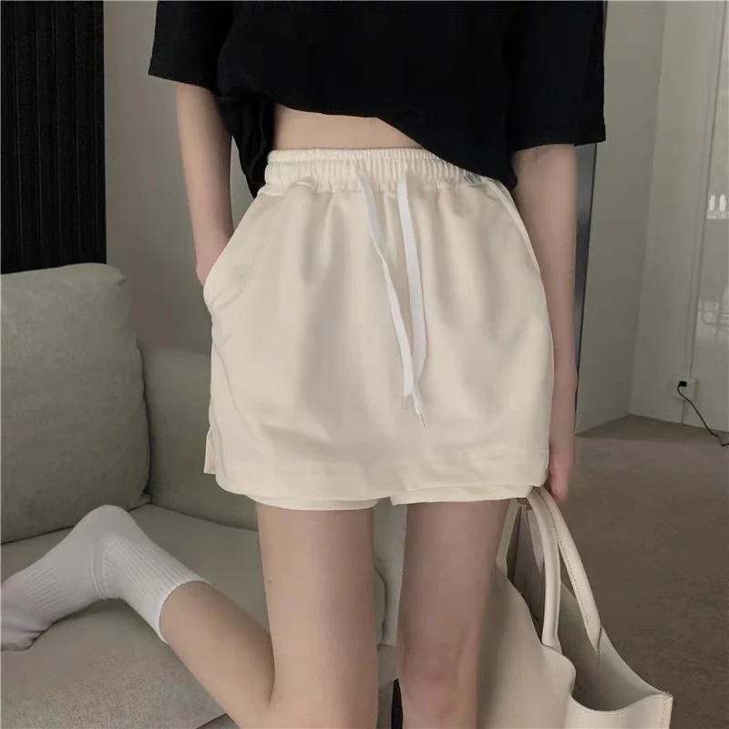Casual shorts women's summer fake two-piece design elastic waist all-match hakama loose high waist thin wide leg pants - EHAORUI