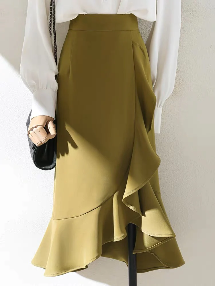 Irregular high waist and thin autumn fragrance yellow lotus leaf side wrap hip skirt women's 2023 spring and summer new mid-length skirt - EHAORUI