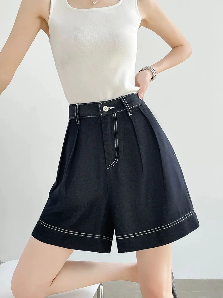 Denim blue sky silk soft denim shorts women's summer new high waist loose slim straight 5-point shorts thin - EHAORUI
