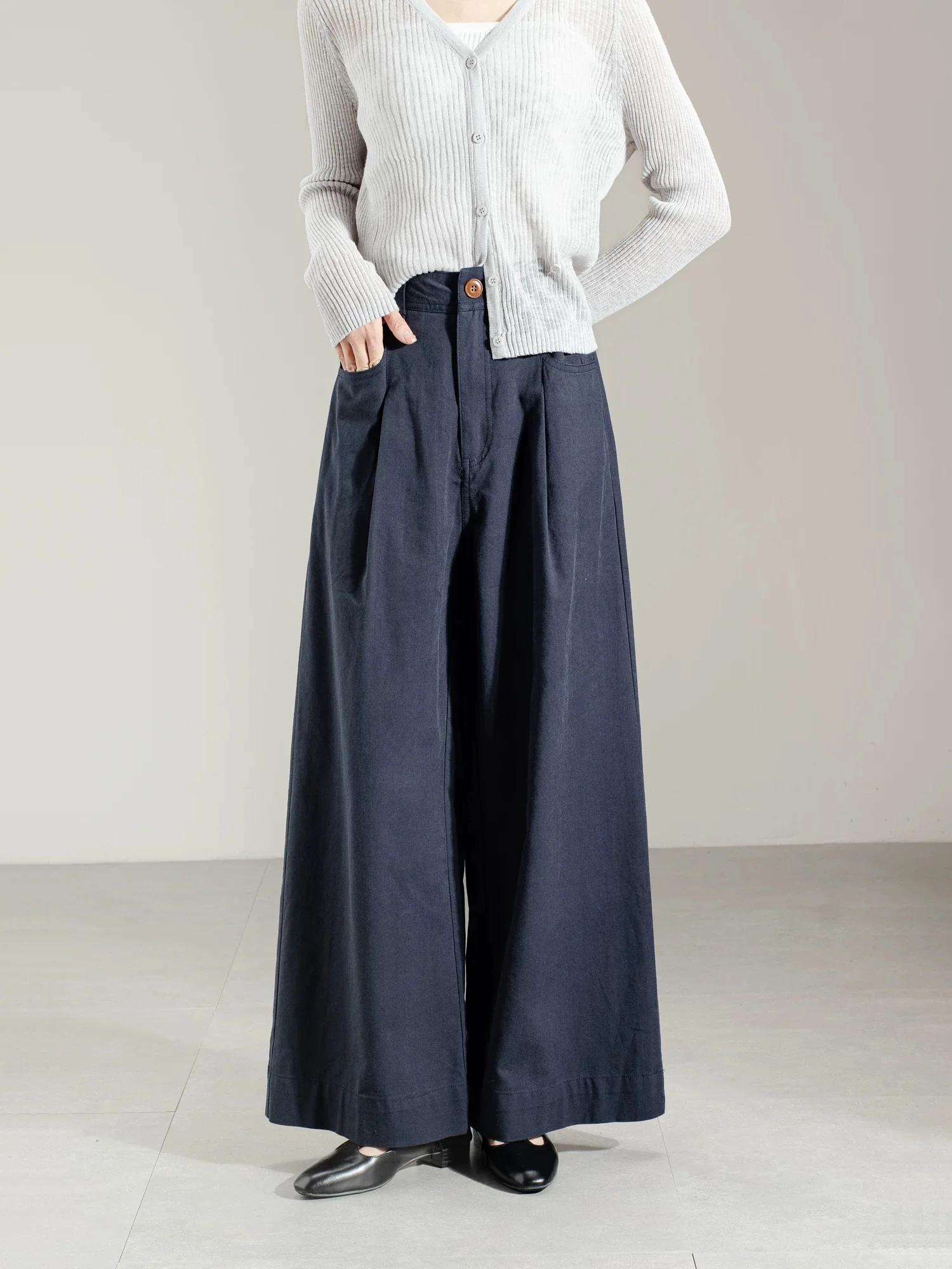 Korean retro simple apricot wide-leg pants casual pants women's spring and autumn high waist loose straight pants petite trousers - EHAORUI