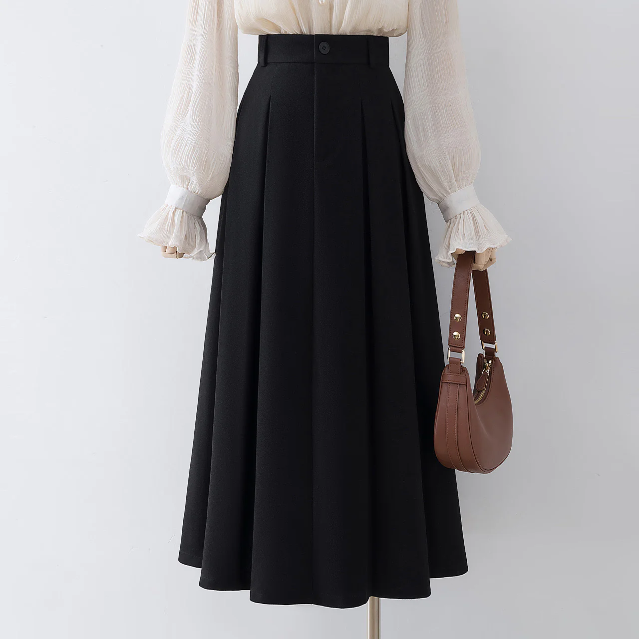 Black woolen a-line skirt women's autumn and winter 2022 new high-waisted pleated skirt small mid-length skirt - EHAORUI