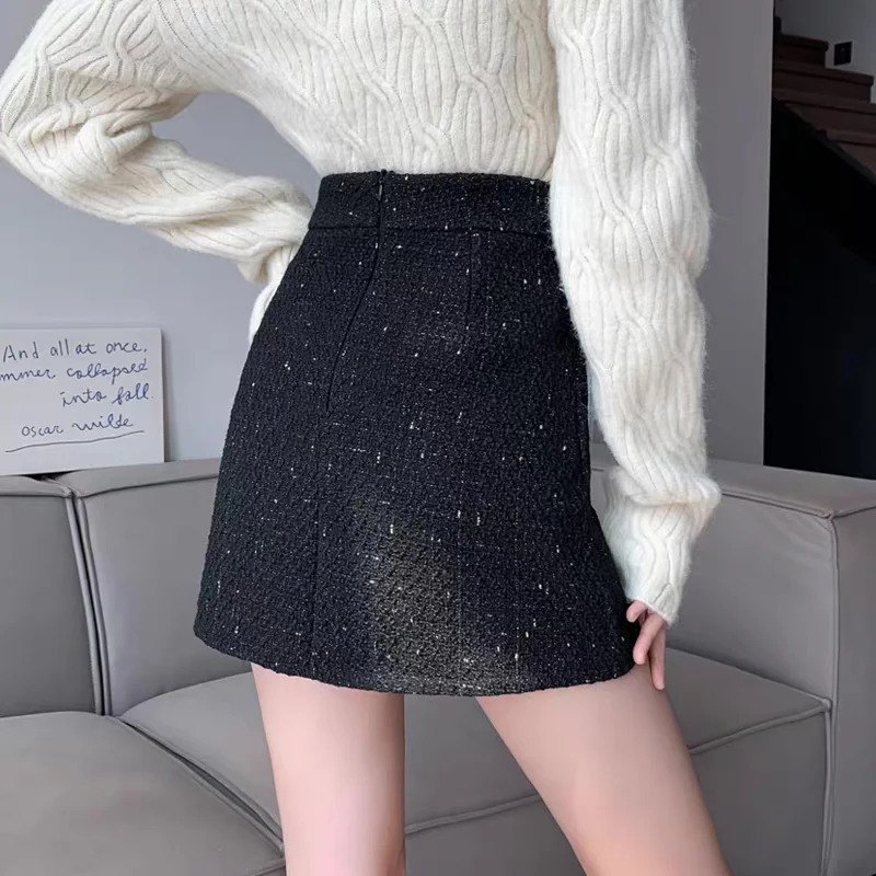 French-style small fragrance temperament bag hip skirt women's autumn and winter new high waist slimming all-match woolen a-line skirt - EHAORUI