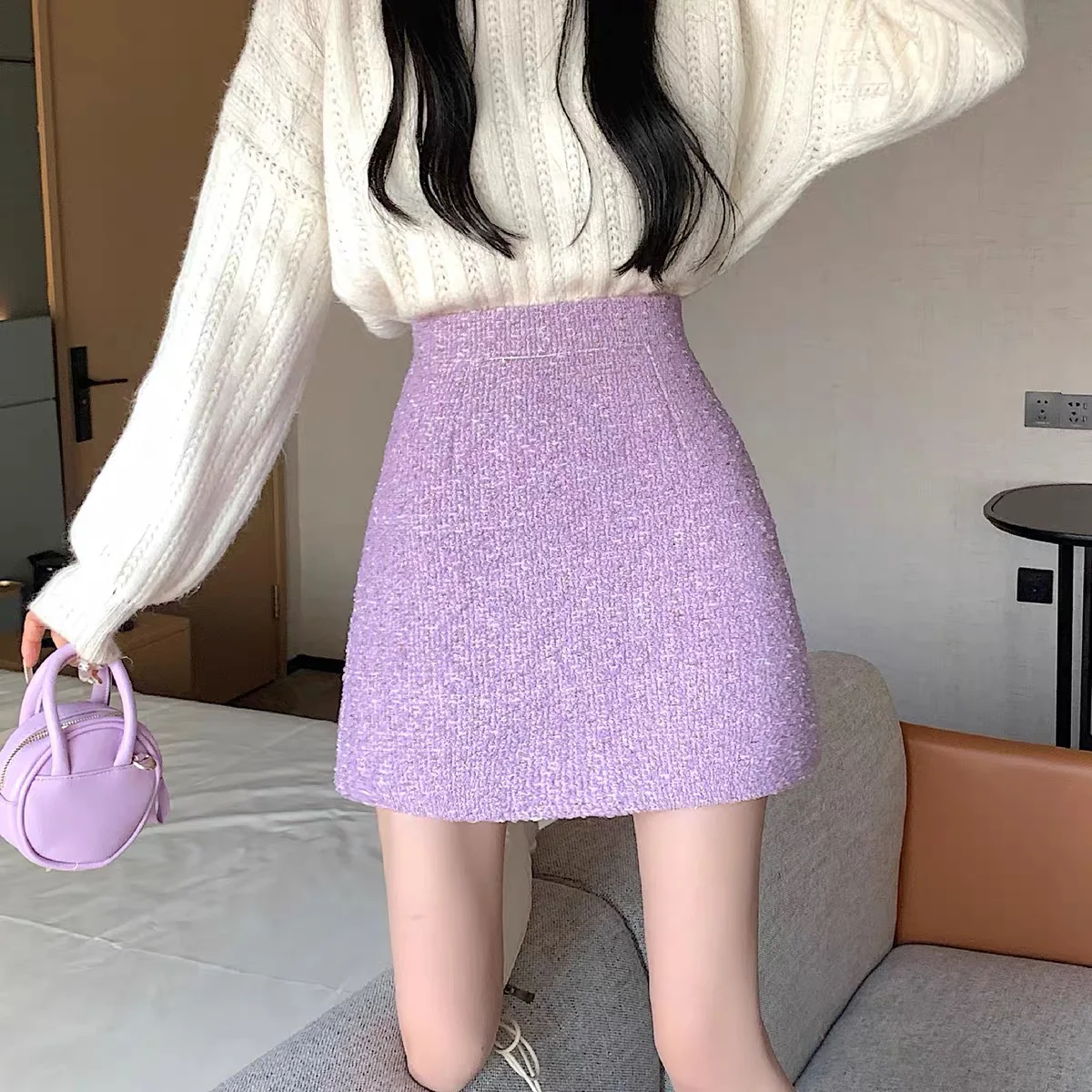 Autumn and winter with sweater skirt femininity celebrity small fragrance bag hip skirt small high waist a-line short skirt - EHAORUI
