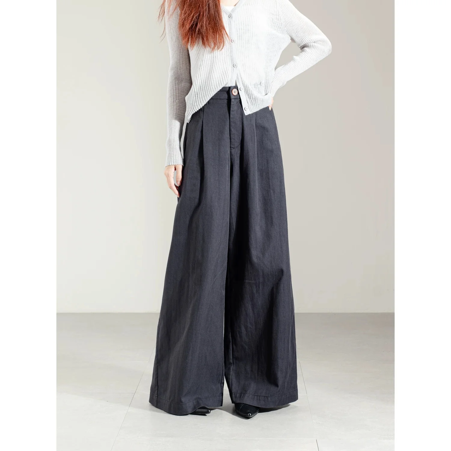 2025 autumn new style temperament retro high waist coffee color wide leg pants trousers women spring and autumn loose slim straight pants - EHAORUI
