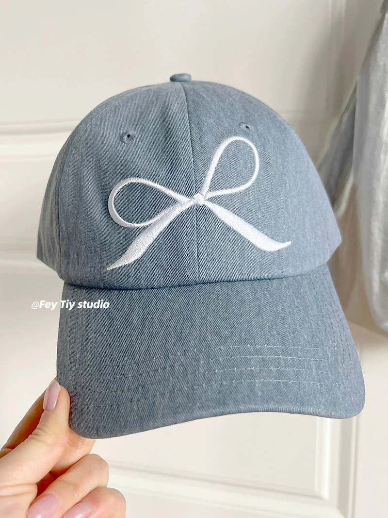 feytiy denim fashionable casual embroidered bow baseball cap for women spring and summer versatile peaked cap curved brim dome - EHAORUI