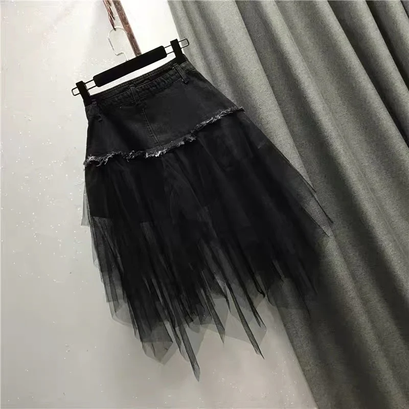 W112 Korean version 2022 autumn new Korean version mesh stitching high waist A-line skirt ins super hot mid-length denim skirt - EHAORUI