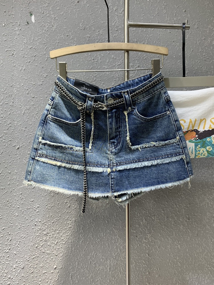 Original trendy brand 2023 spring new raw edge retro hot girl blue denim skirt small a-line half skirt - EHAORUI