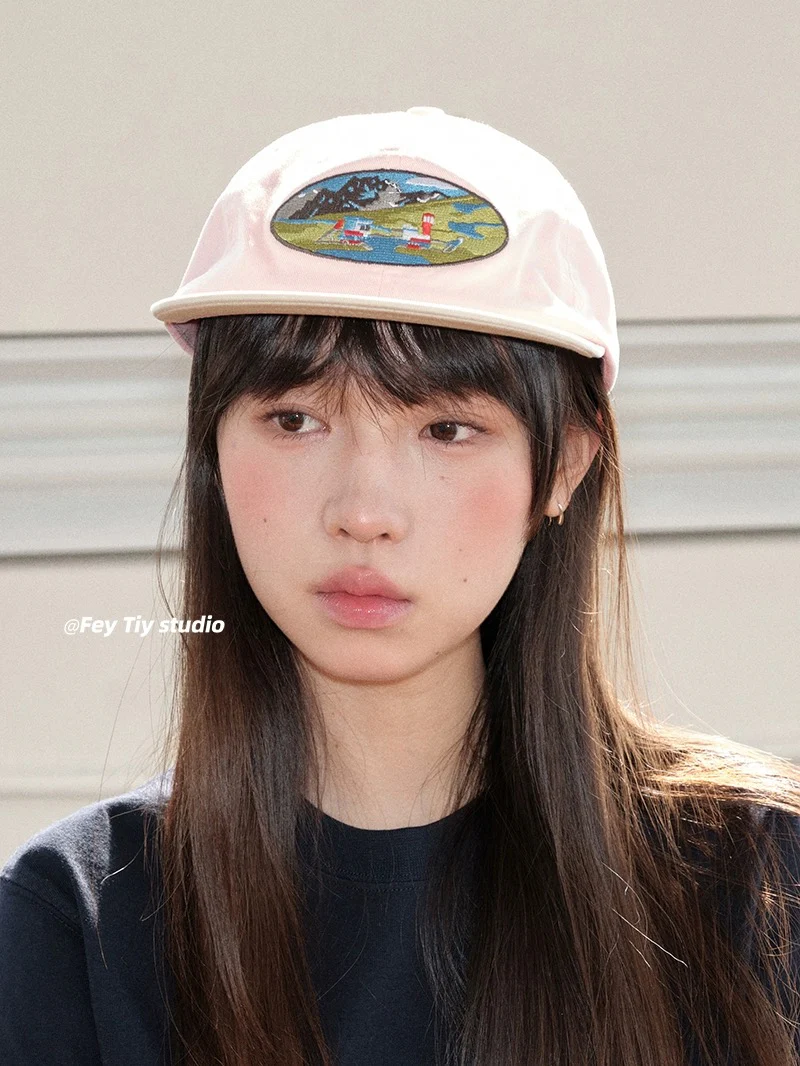 feytiy light pink flat brim cartoon embroidered baseball cap spring and summer sun protection face-shaping small fashionable peaked cap for women - EHAORUI