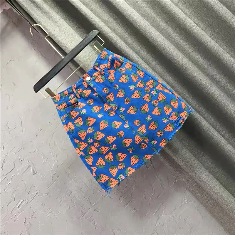 Denim Short Skirt Strawberry Print Skirt 2022 Autumn New Thin High Waist Ins Super Fire Hip A-line Skirt q119 - EHAORUI