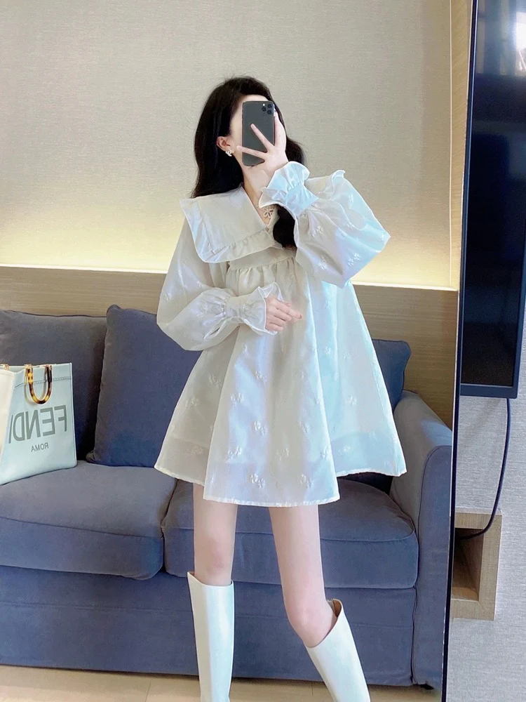 White baby doll dress 2023 new spring and autumn small loose large size temperament sweet fluffy a-line dress for women - EHAORUI