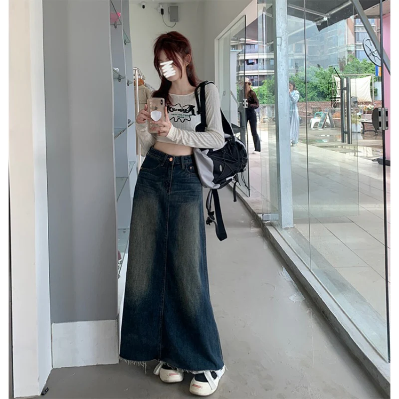 Korean version of high waist retro denim skirt women's spring a-line umbrella skirt straight skirt design sense mid-length skirt - EHAORUI