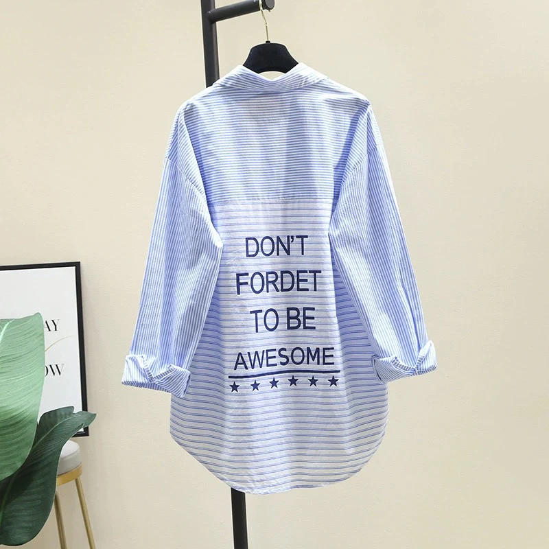 Light blue splicing striped shirt women 2024 spring and autumn new lazy style loose casual mid-length shirt top - EHAORUI