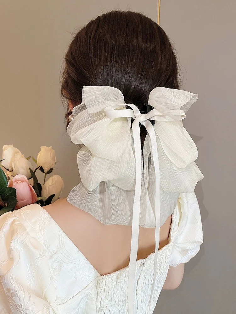French gentle temperament bow ribbon grab clip showing face small back head hair clip shark clip hair accessories clip - EHAORUI
