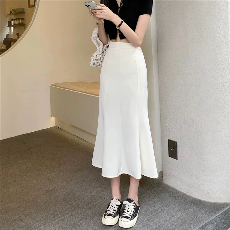 Black fishtail skirt for women spring 2024 new high waist hip one step skirt mid-length white temperament skirt - EHAORUI