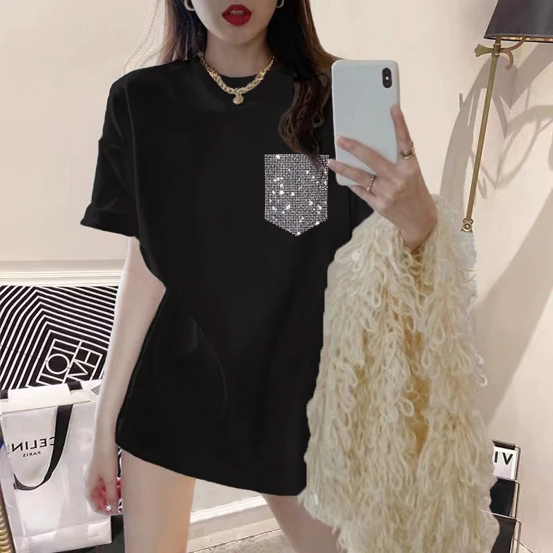2023 new summer dress black t-shirt women hot diamond big love loose pure mid-length round neck short-sleeved top ins tide - EHAORUI