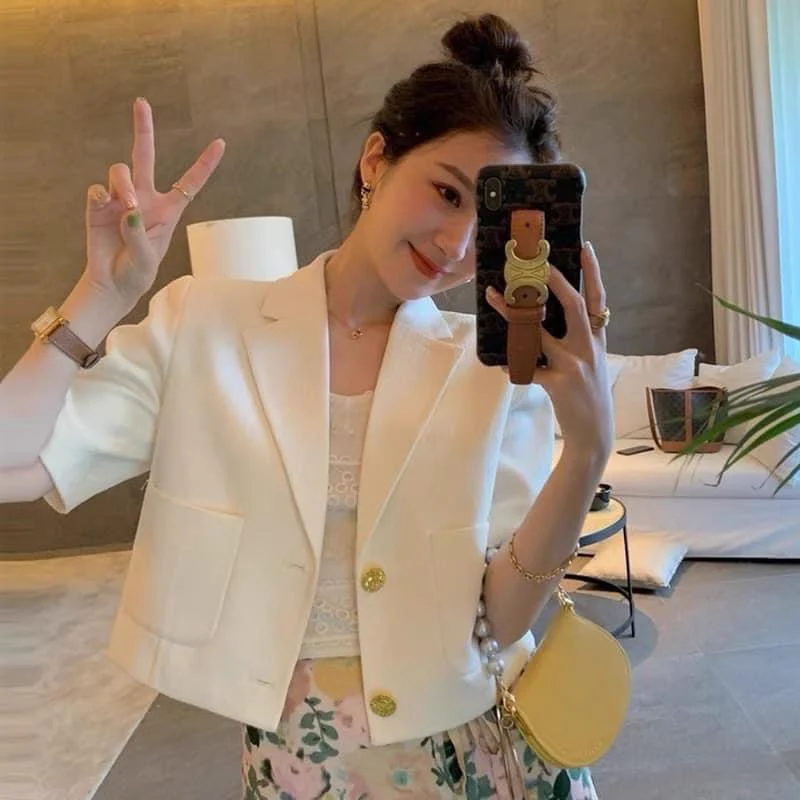 2023 new summer small scented wind suit thin jacket women's short-sleeved small casual suit short top - EHAORUI