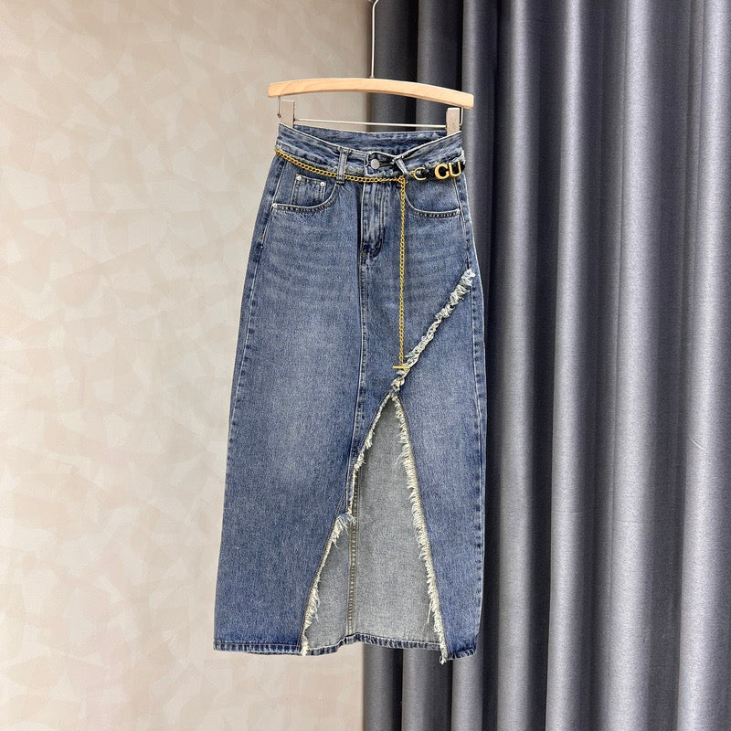 Cotton denim skirt female 2022 new temperament thin all-match splicing raw edge slit high waist bag hip dress - EHAORUI