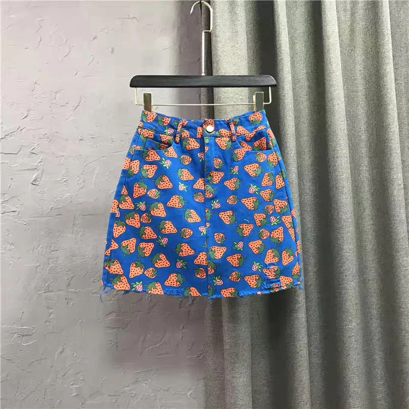 Denim Short Skirt Strawberry Print Skirt 2022 Autumn New Thin High Waist Ins Super Fire Hip A-line Skirt q119 - EHAORUI