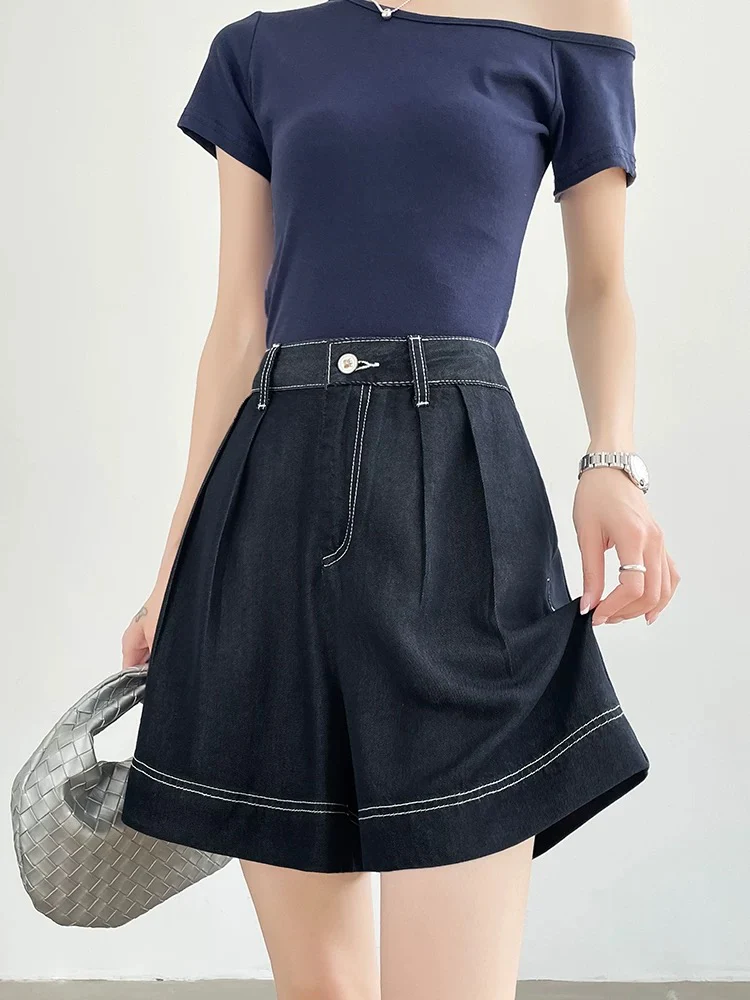 Denim blue sky silk soft denim shorts women's summer new high waist loose slim straight 5-point shorts thin - EHAORUI