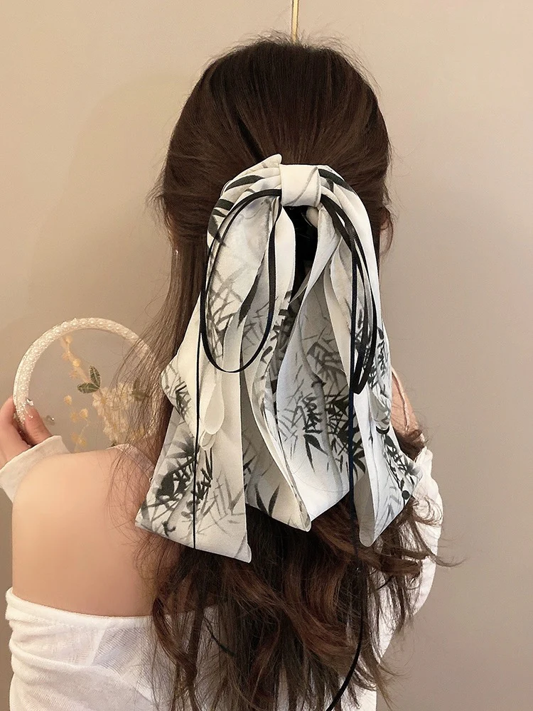 New Chinese style ink painting bow ribbon grabber half-tied hairpin female back of head shark clip ancient style Hanfu headwear - EHAORUI