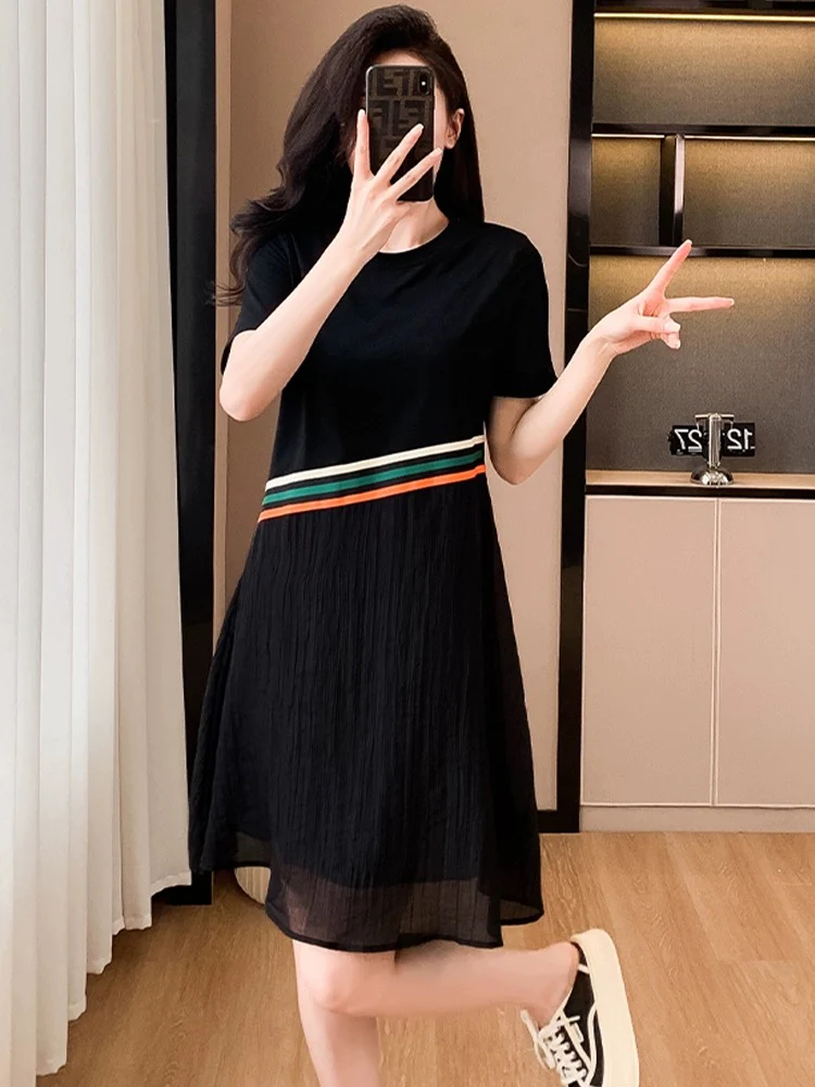 2024 new summer Korean style fashionable loose slim casual dress spliced with contrasting chiffon little black skirt - EHAORUI