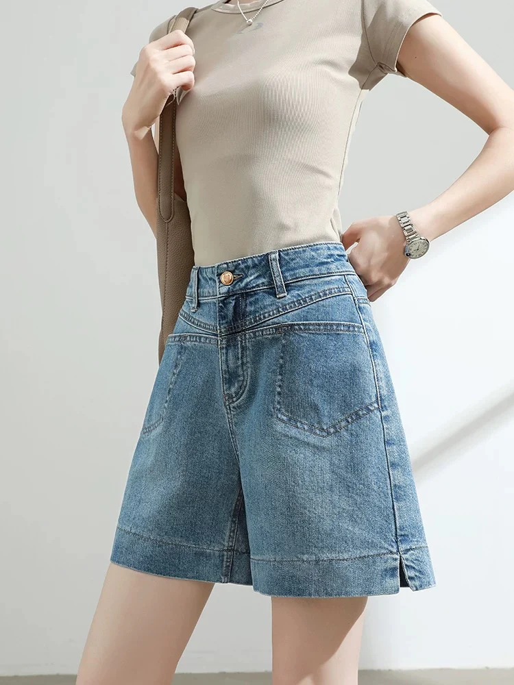 Blue denim shorts women's 2025 summer thin slim loose versatile a-line high waist retro wide leg hot pants - EHAORUI