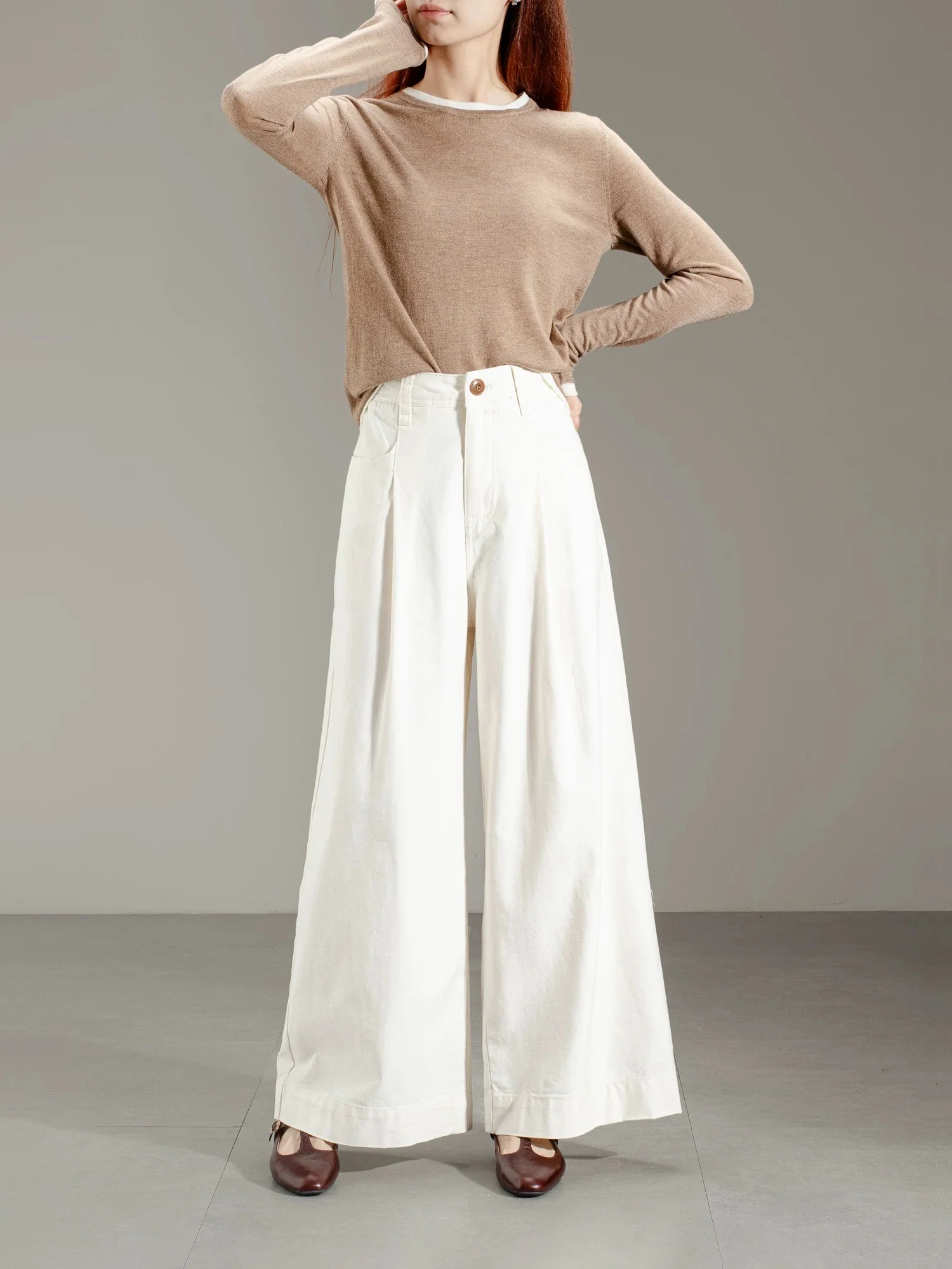 Korean retro simple apricot wide-leg pants casual pants women's spring and autumn high waist loose straight pants petite trousers - EHAORUI