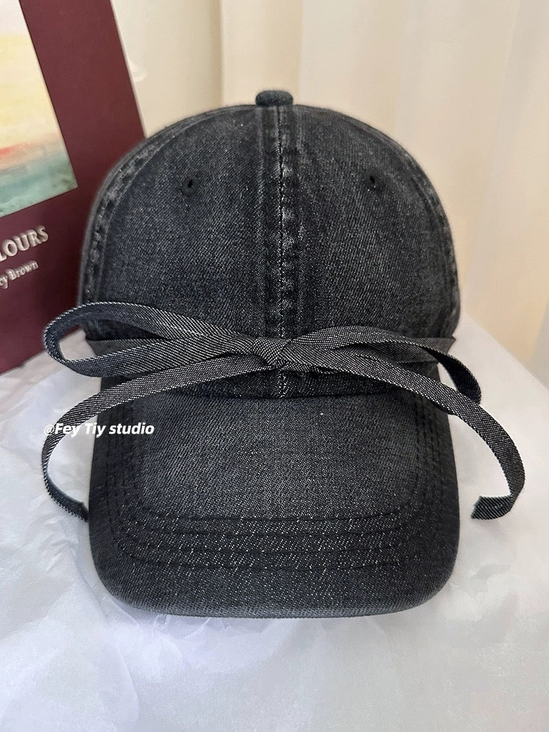 feytiy three-dimensional bow denim baseball cap strap versatile spring and summer sun protection casual Korean ins peaked cap - EHAORUI