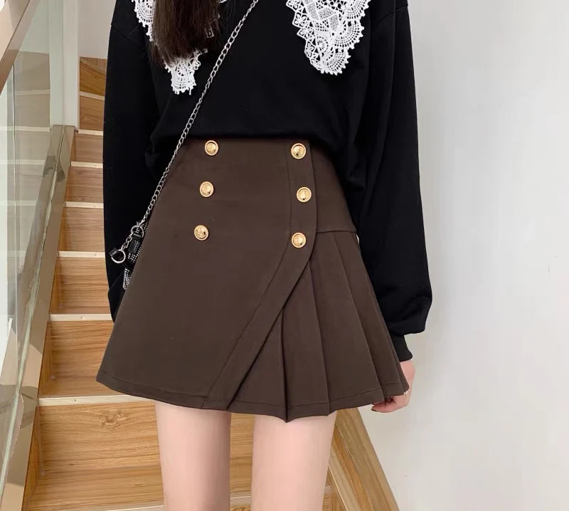 Large size irregular pleated skirt short skirt women's crotch cover carefully machine design sense niche double-breasted pleated skirt - EHAORUI