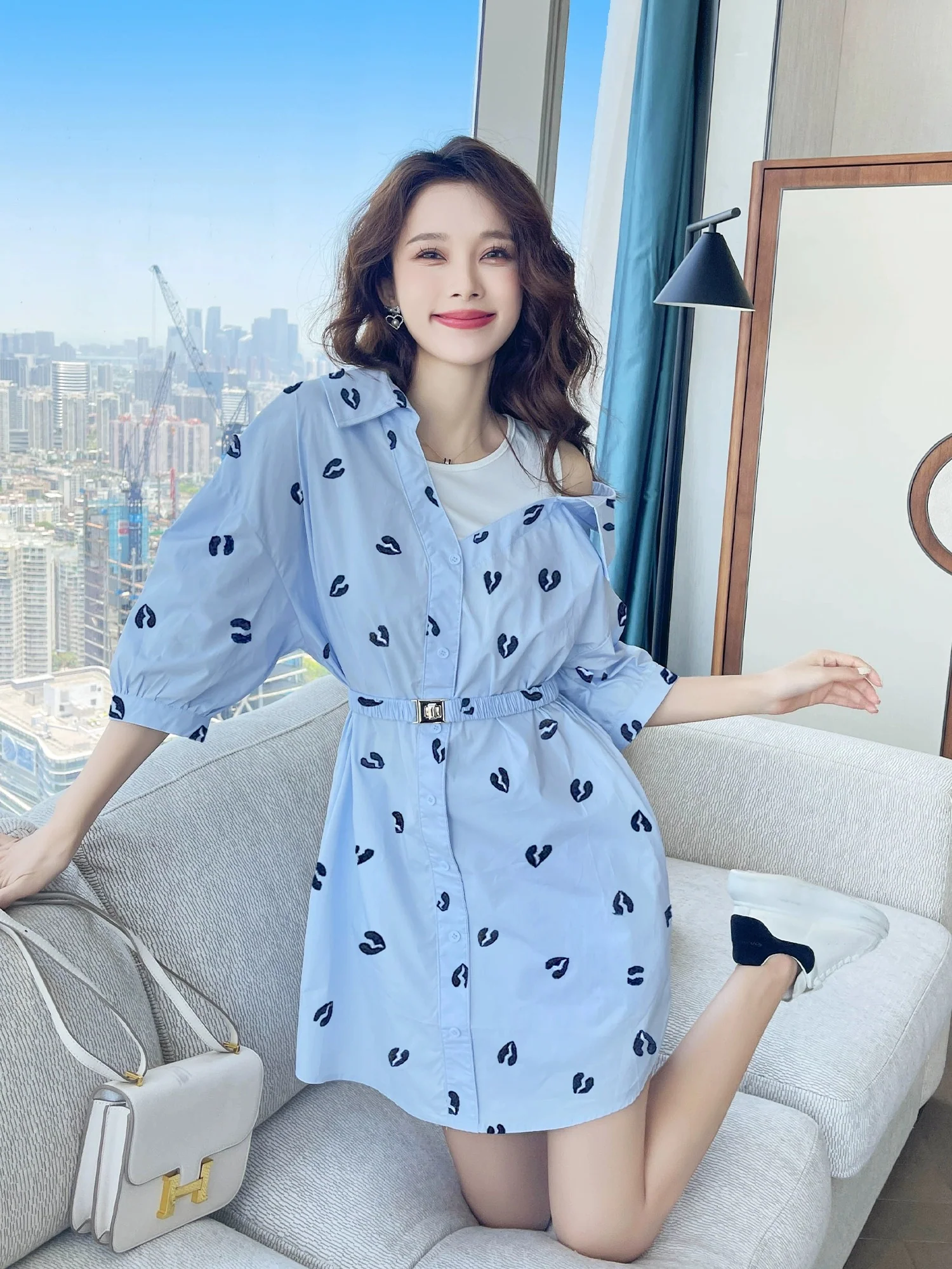 Early spring 2024 new spring style temperament shirt fake two-piece French dress spring hot style high-end skirt for women - EHAORUI