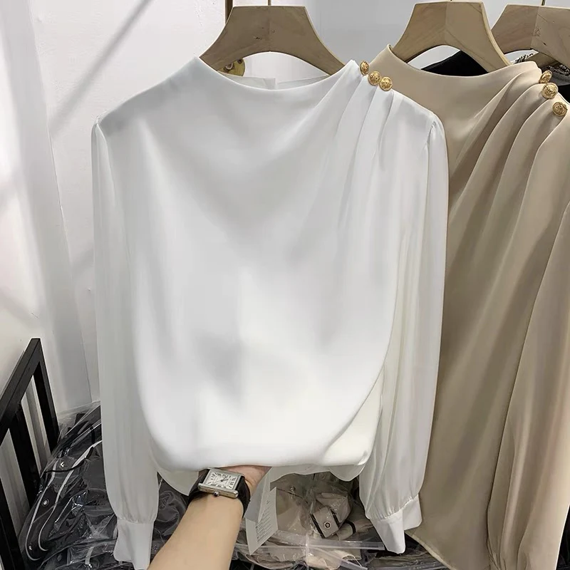 2021 autumn new European goods design sense temperament solid color shoulder nail bead pullover long-sleeved chiffon shirt women's thin shirt - EHAORUI