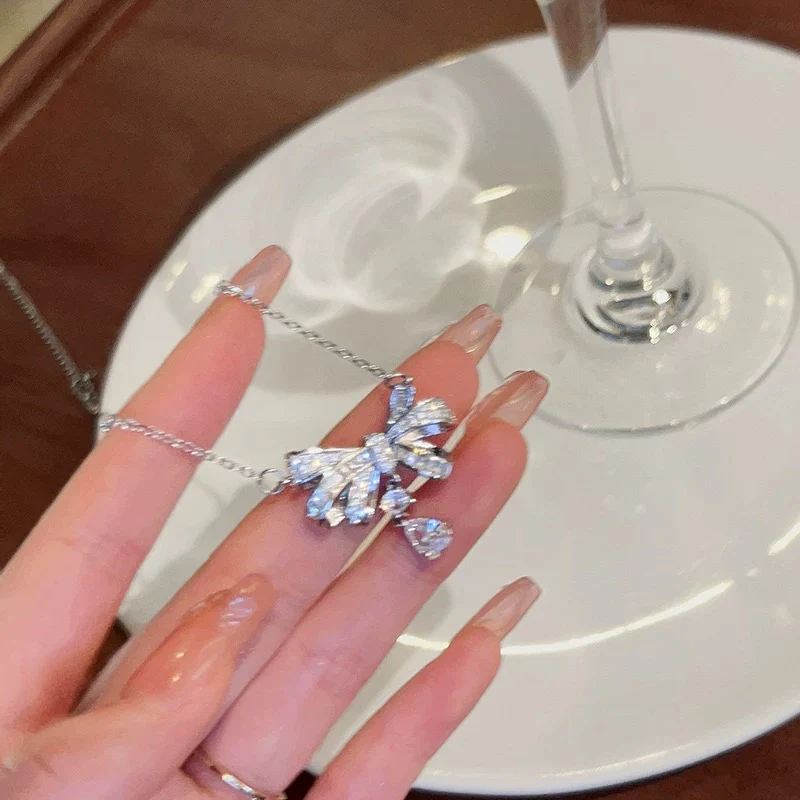 Fairy tears! 925 silver micro-paved zircon bow water drop necklace light luxury niche design high-end necklace - EHAORUI