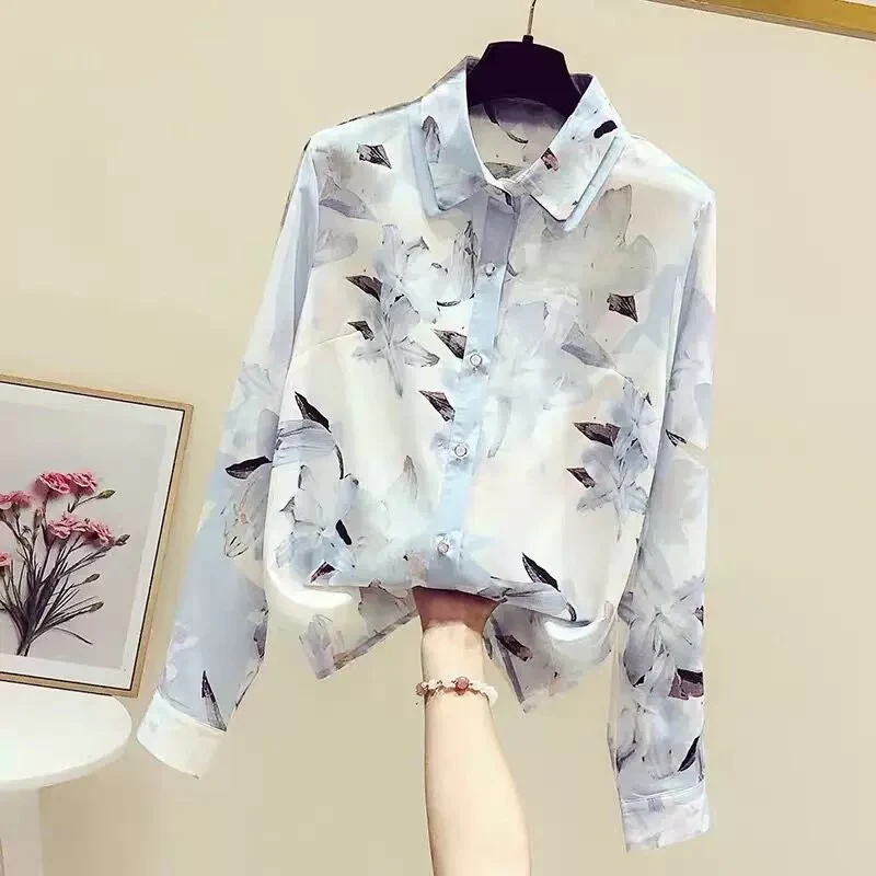 Women's clothing cutting label counter withdrawal foreign trade spring and autumn retro Hong Kong style floral long-sleeved chiffon shirt top women - EHAORUI