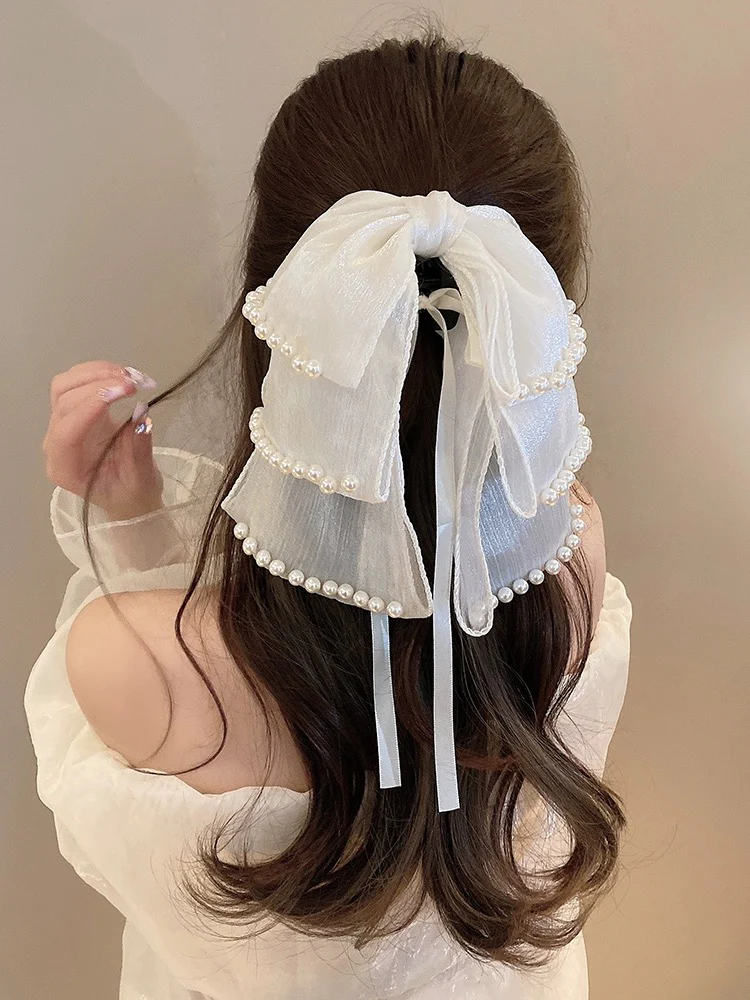 Pearl streamer bow clip clip women's back of head shark clip hairpin clip headwear half-tied high ponytail hairpin - EHAORUI