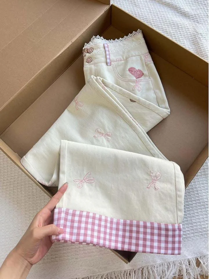 Plus size fat mm all-match autumn and winter cute bow bear embroidery soft and sticky girlish style jeans - EHAORUI