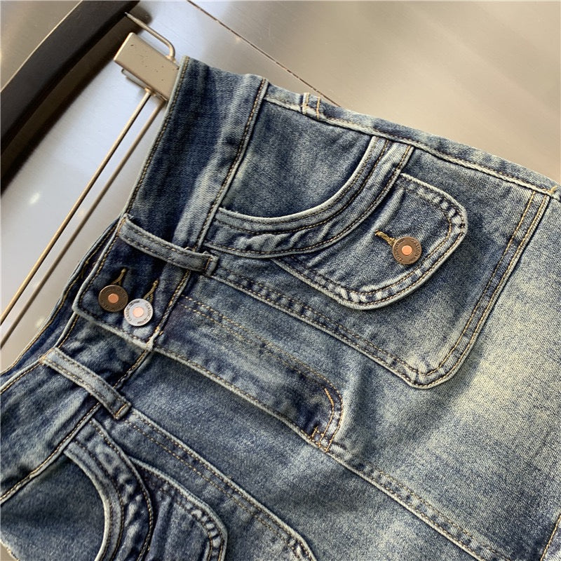 Original trendy brand 2023 early spring new retro blue denim skirt double pocket design hip sexy skirt - EHAORUI