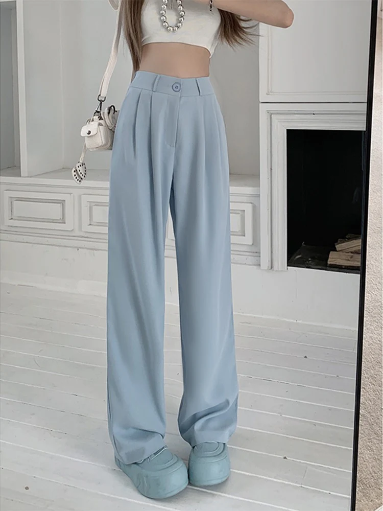 Black suit pants elastic waist thin casual pants summer pants loose wide-leg pants women's high waist drape trousers trendy - EHAORUI