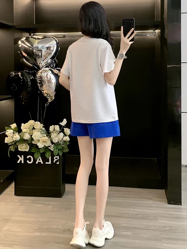 Lazy style outfit complete set for women 2025 summer fashion age-reducing white short-sleeved T-shirt blue shorts two-piece set - EHAORUI