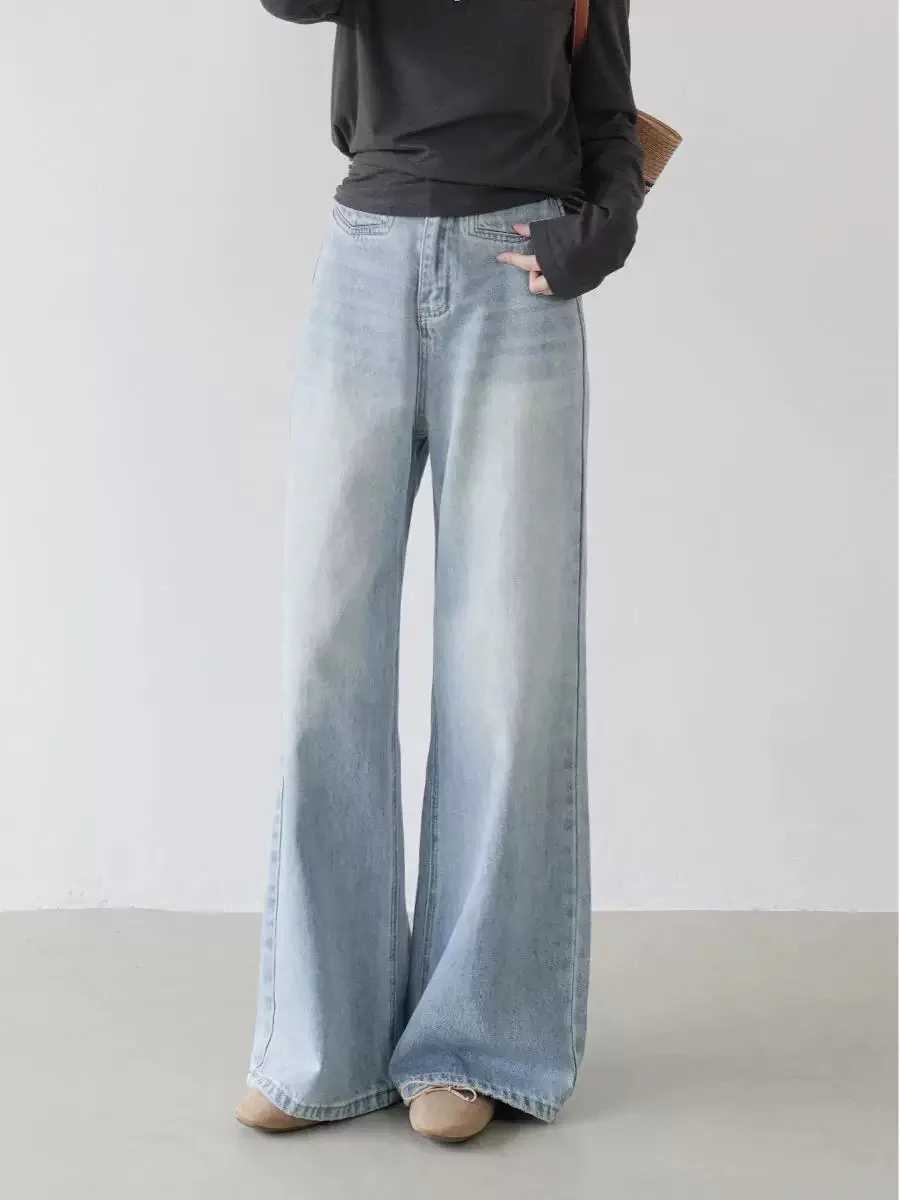 High waist slim washed wide leg pants women's summer casual loose mopping jeans long pants Korean straight pants women - EHAORUI