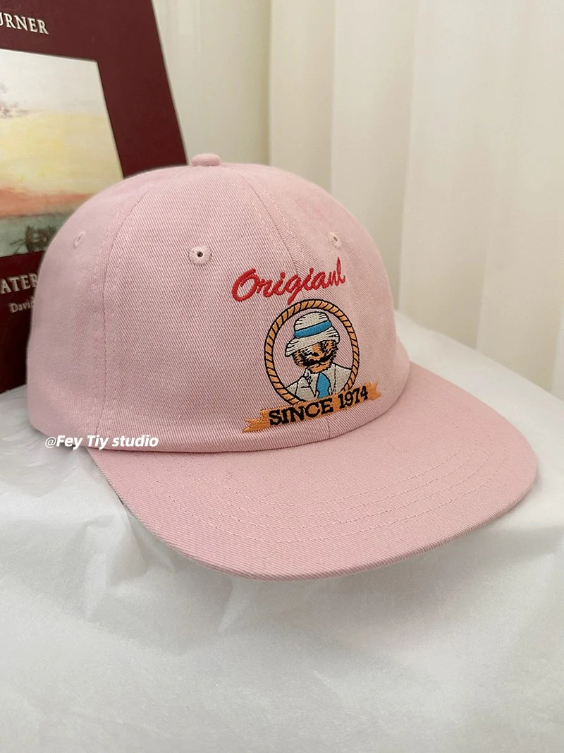 feytiy light pink flat brim cartoon embroidered baseball cap spring and summer sun protection face-shaping small fashionable peaked cap for women - EHAORUI