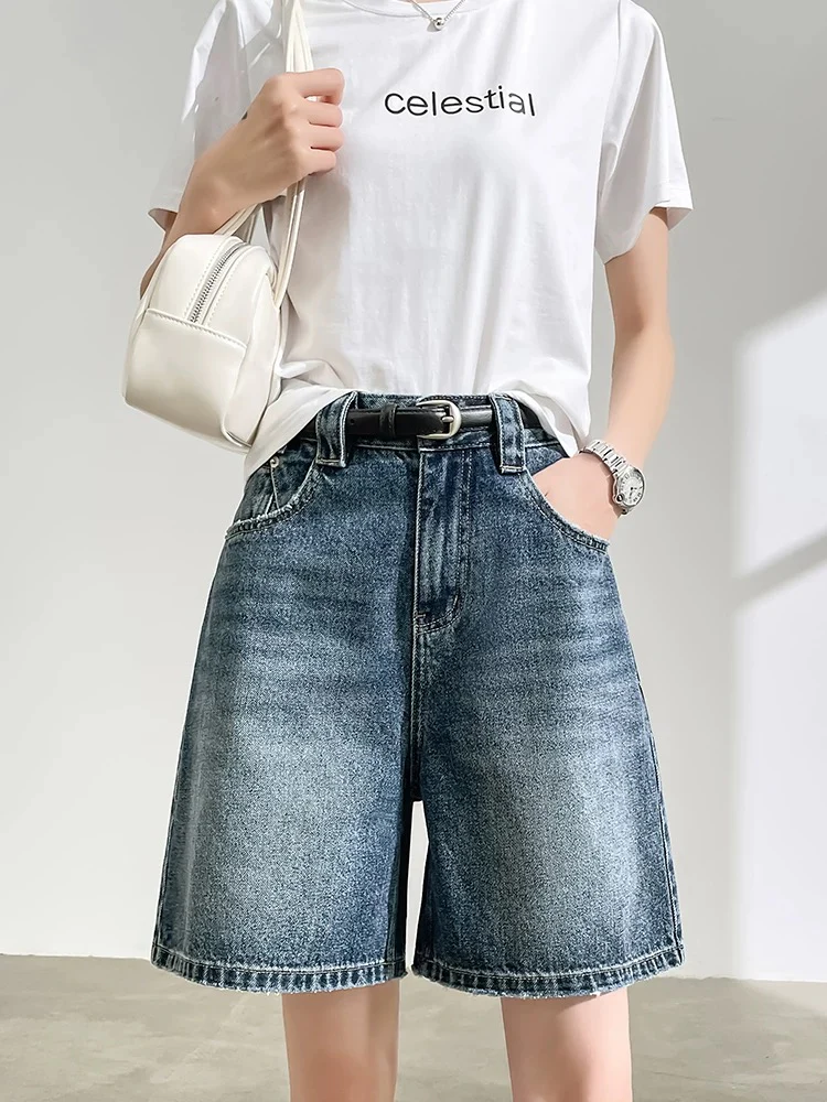 Retro blue five-point denim shorts women's summer thin high waist pear-shaped body loose slim wide-leg five-point pants - EHAORUI