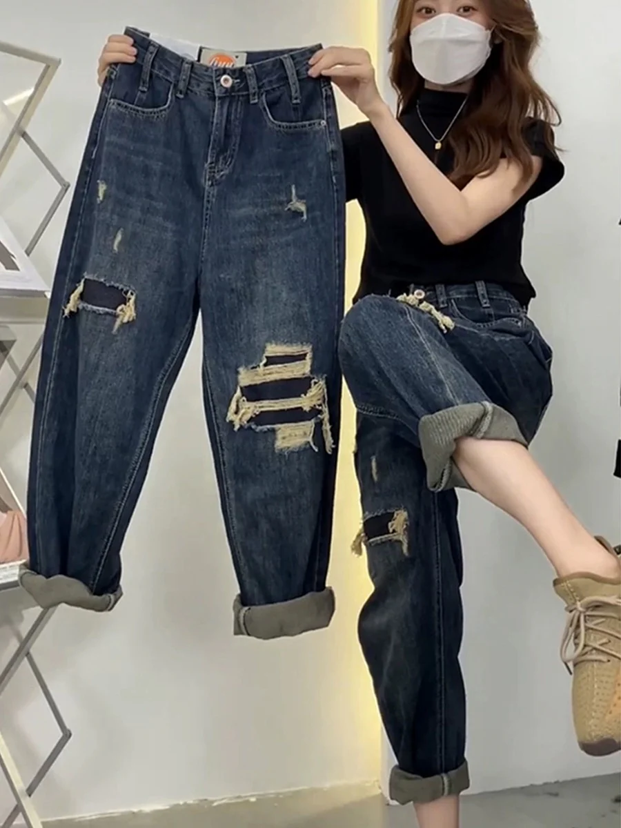 Plus size fat sister retro ripped straight jeans women's spring and summer loose slimming high waist harem daddy wide leg pants - EHAORUI