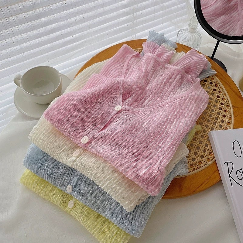 Sunscreen cardigan women's summer 2021 new Korean version thin section casual all-match solid color long-sleeved V-neck short knitted top - EHAORUI