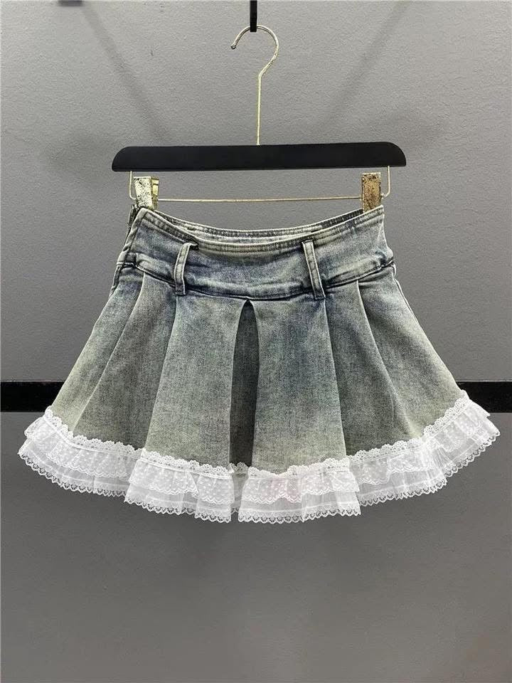 Nostalgic blue lace denim skirt female 2025 summer new slim hot girl a-line hip pleated skirt - EHAORUI