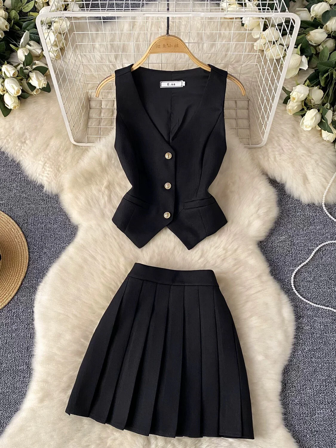 French  style single-breasted versatile slit suit vest + high waist pleated skirt two-piece suit - EHAORUI