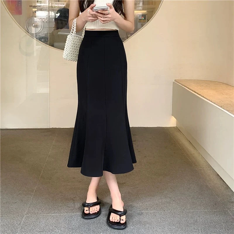 Black fishtail skirt for women spring 2024 new high waist hip one step skirt mid-length white temperament skirt - EHAORUI