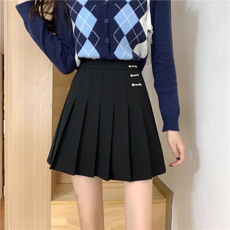 Autumn skirt large size college style black gray pleated skirt high waist slim pleated a-line skirt fat mm all-match skirt - EHAORUI
